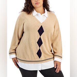 Tommy Hilfiger Beige V-Neck Argyle Pullover Size XL